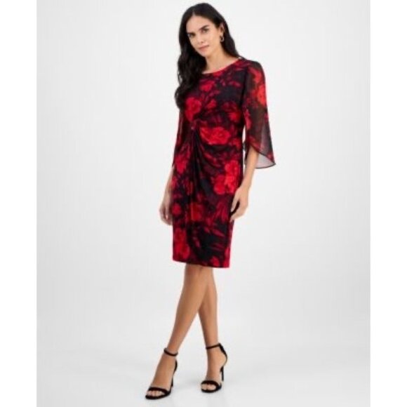connected apparel Dresses & Skirts - Connected Apparel Womens Red & Black Floral Dress 6P Sheer Sleeves Knee Length E